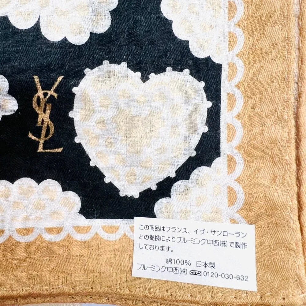 New Tag On  Yves Saint Laurent  Scarf Cotton & Silk 22.5" Beige Black Heart  (63 - Picture 3 of 10